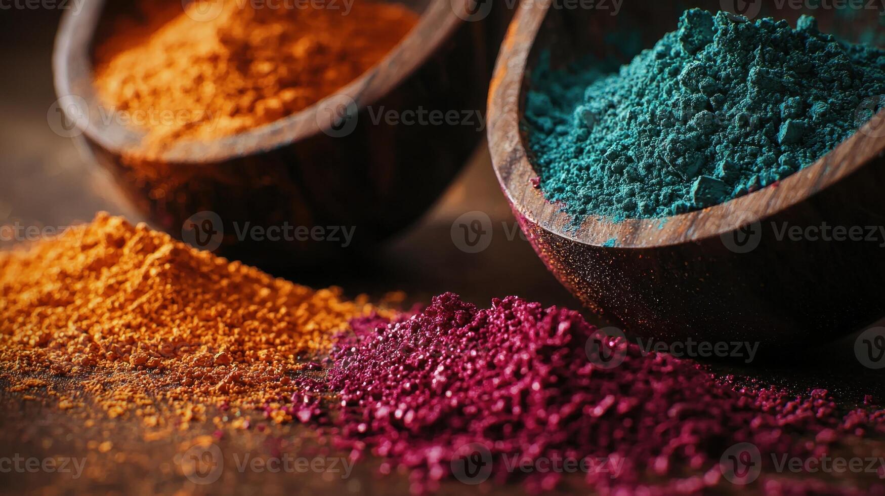 Colorful powders in wooden spoons photo