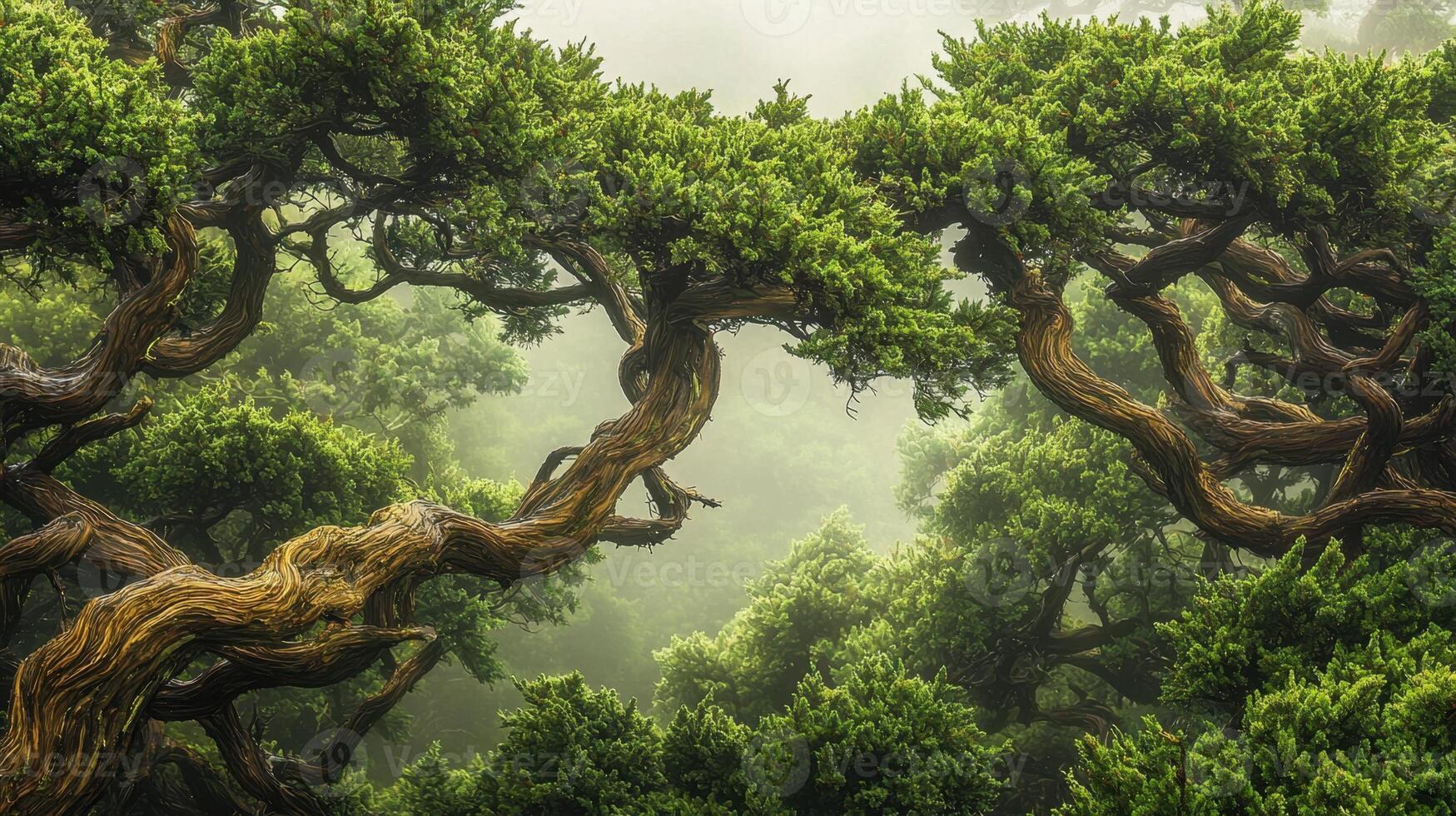 Thick mist envelops a verdant forest where gnarled trees intertwine in an enchanting display of nature. The morning light filters softly through the branches, creating a serene atmosphere photo