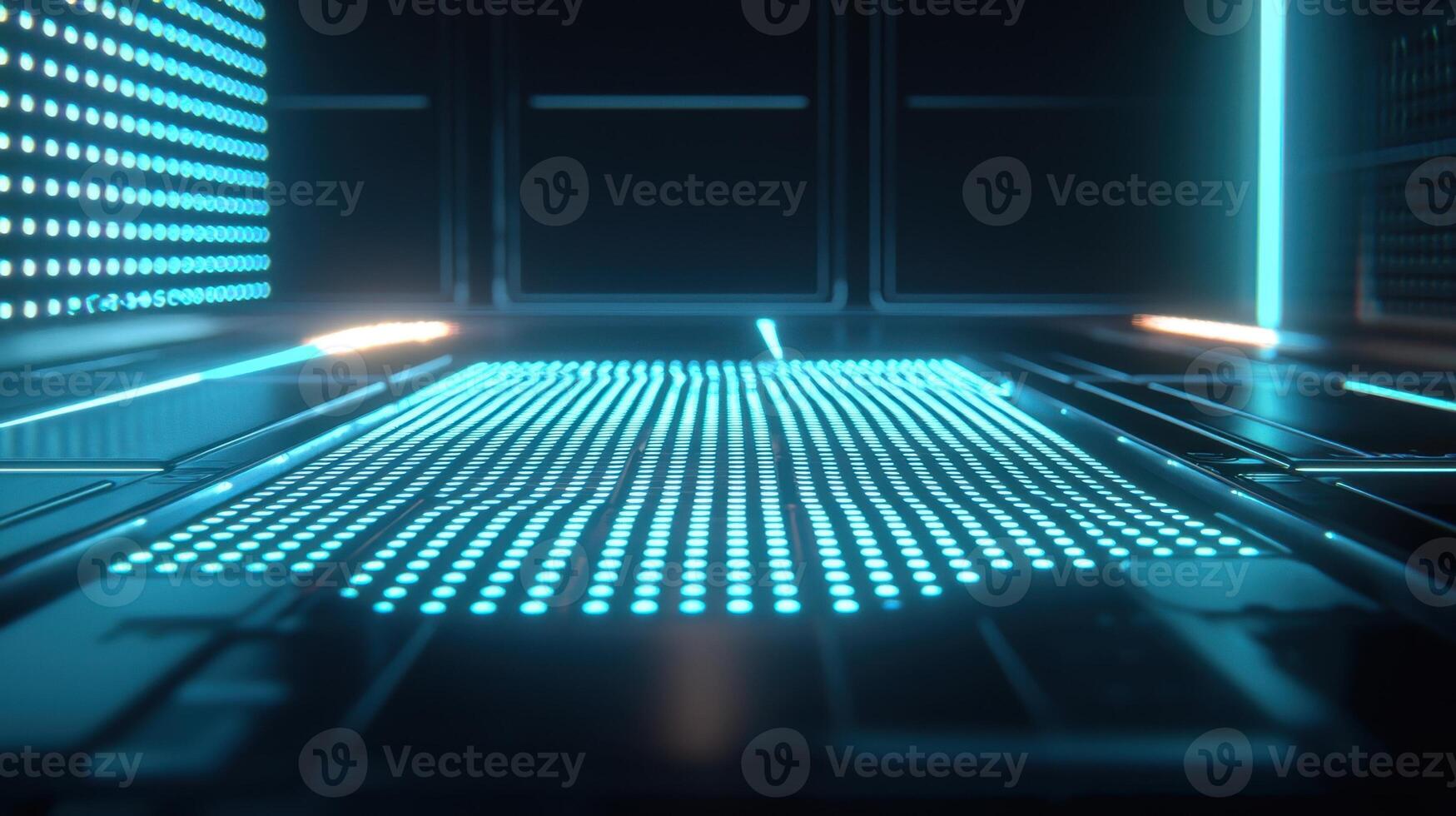 A vibrant blue circuit pattern fills the floor in a high-tech room. The glowing lights create an immersive atmosphere that suggests advanced technology and innovation photo