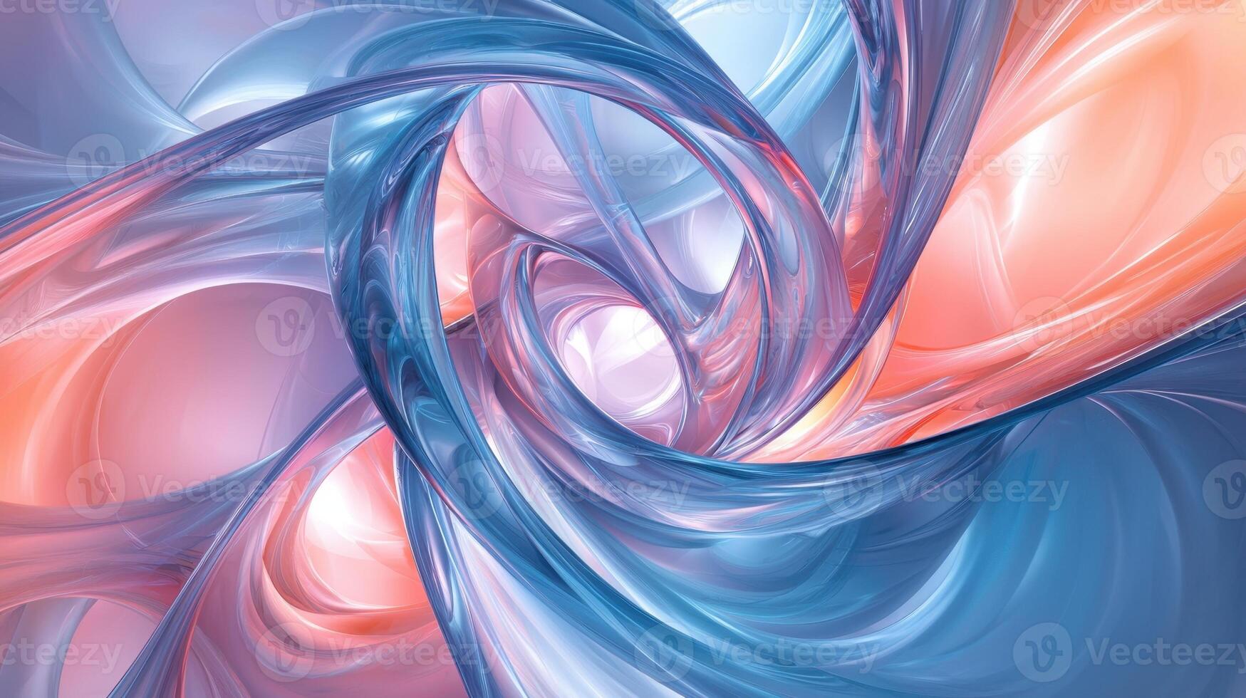 Swirling shapes create a mesmerizing blend of blue and pink hues, evoking a sense of fluid motion and dynamic energy. The soft curves and reflections enhance the visual depth photo