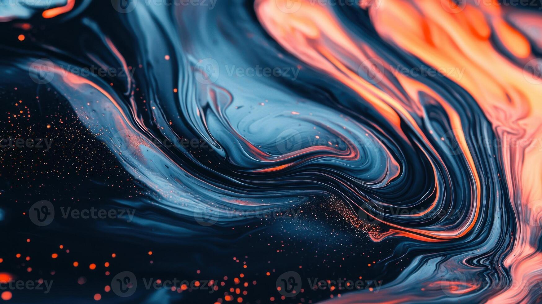 Vibrant colors blend together in a flowing pattern, featuring deep blues and bright oranges with hints of black and glittering flecks, creating an artistic display photo