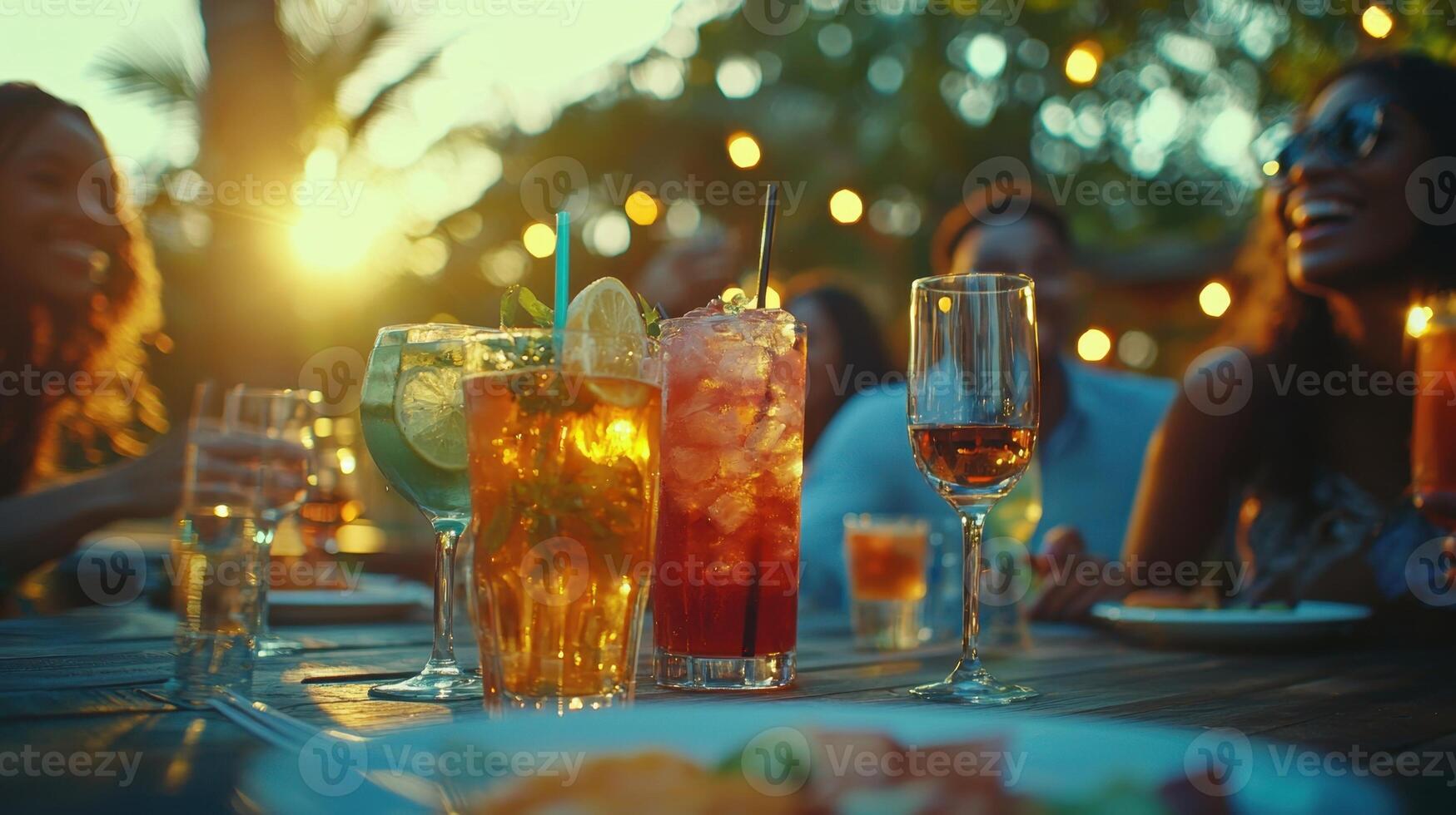 A group of people sitting at a table with drinks photo