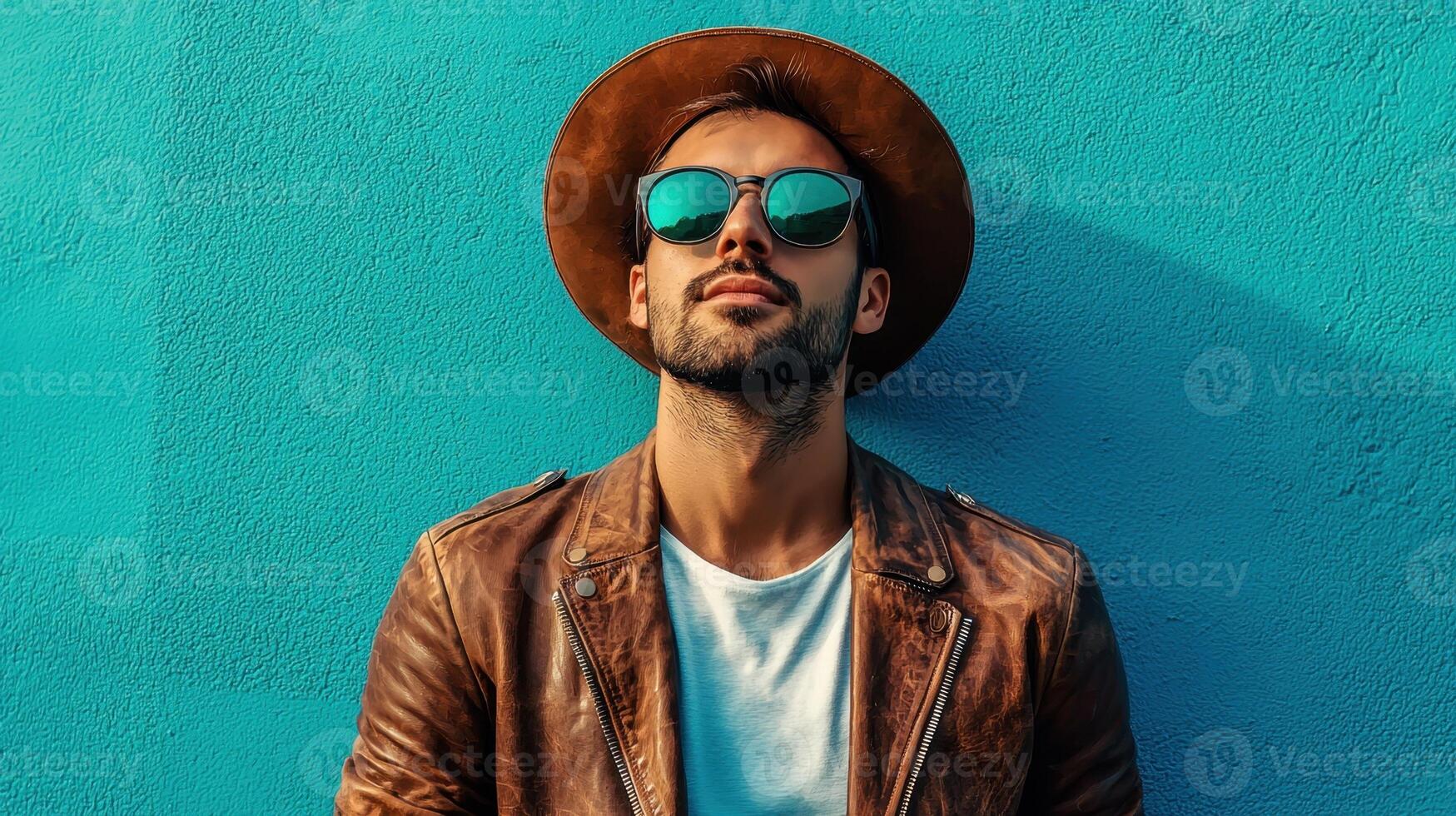 A man wearing a hat and sunglasses against a blue wall photo