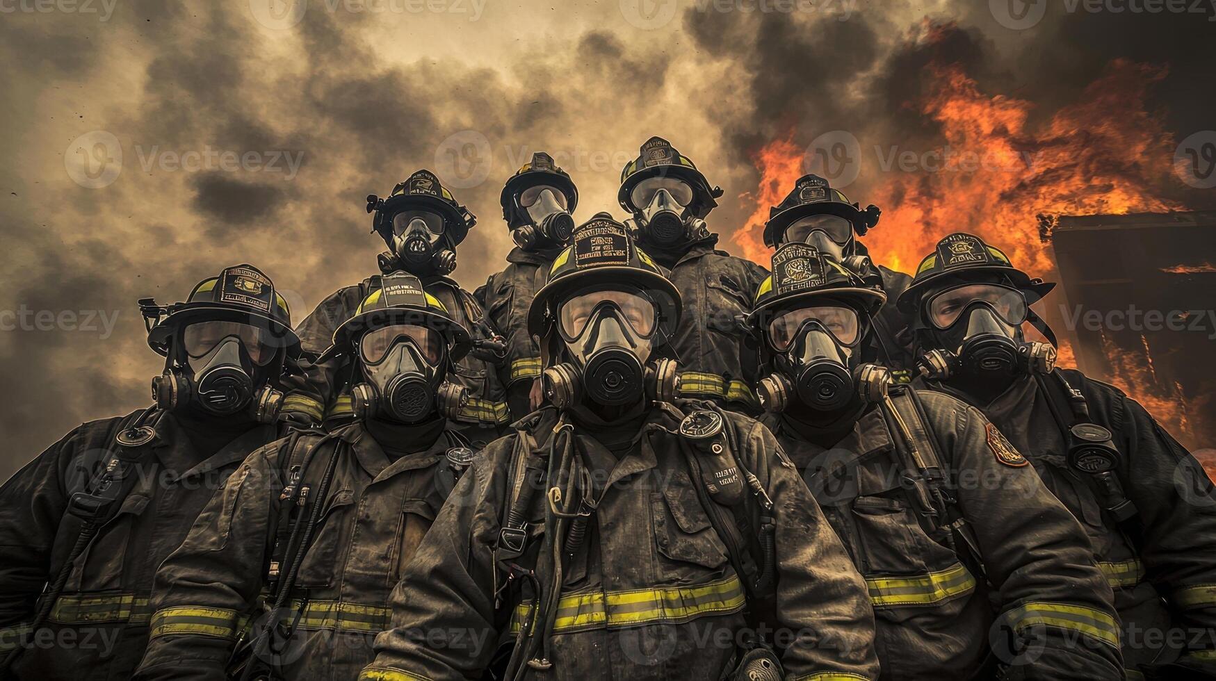 A group of firefighters standing in front of a burning building photo