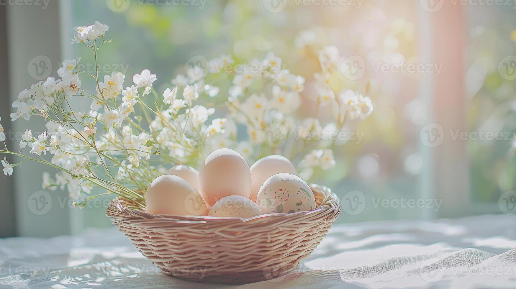 Easter eggs in a basket on a window sill photo
