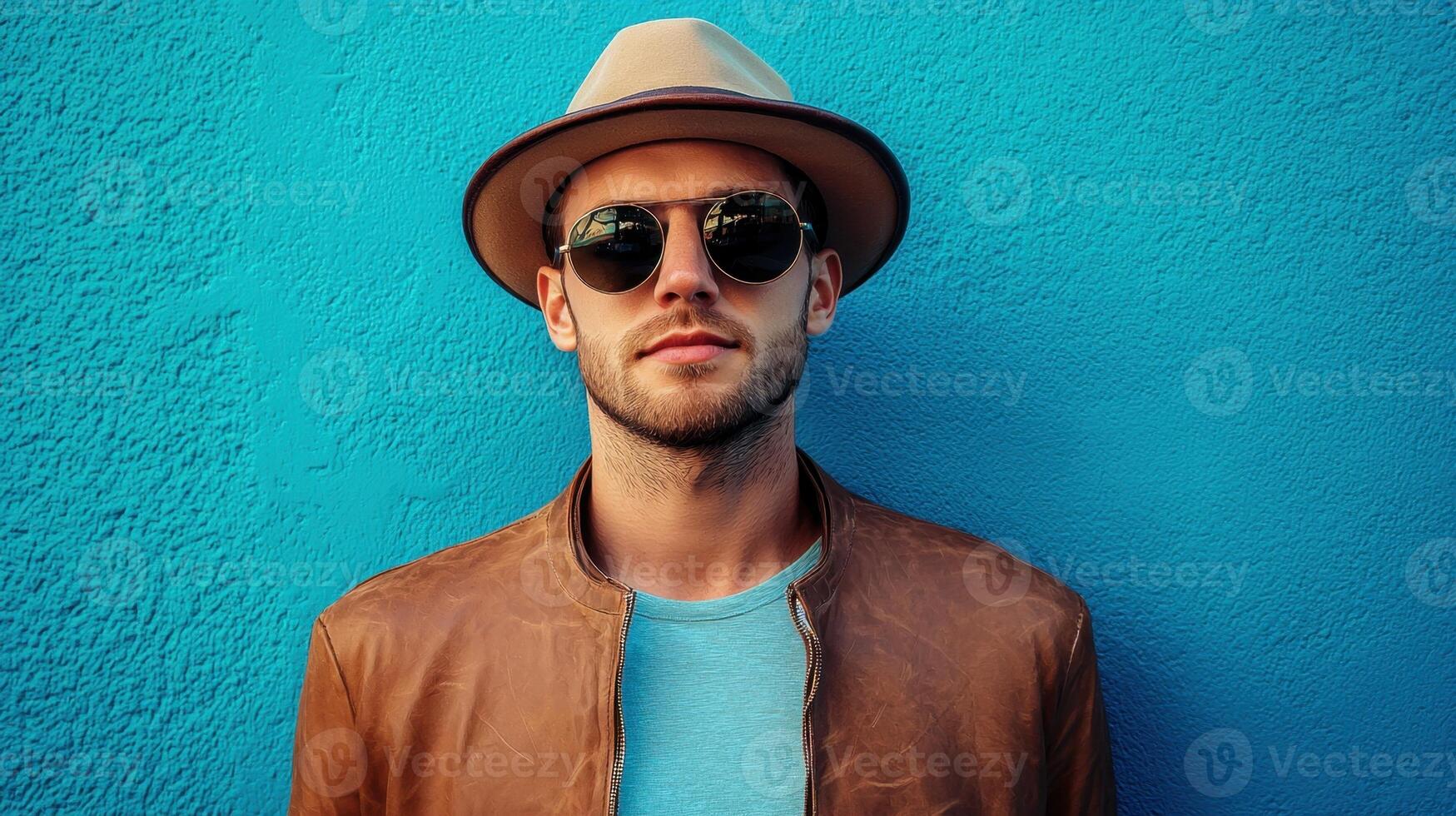 A man wearing a hat and sunglasses against a blue wall photo