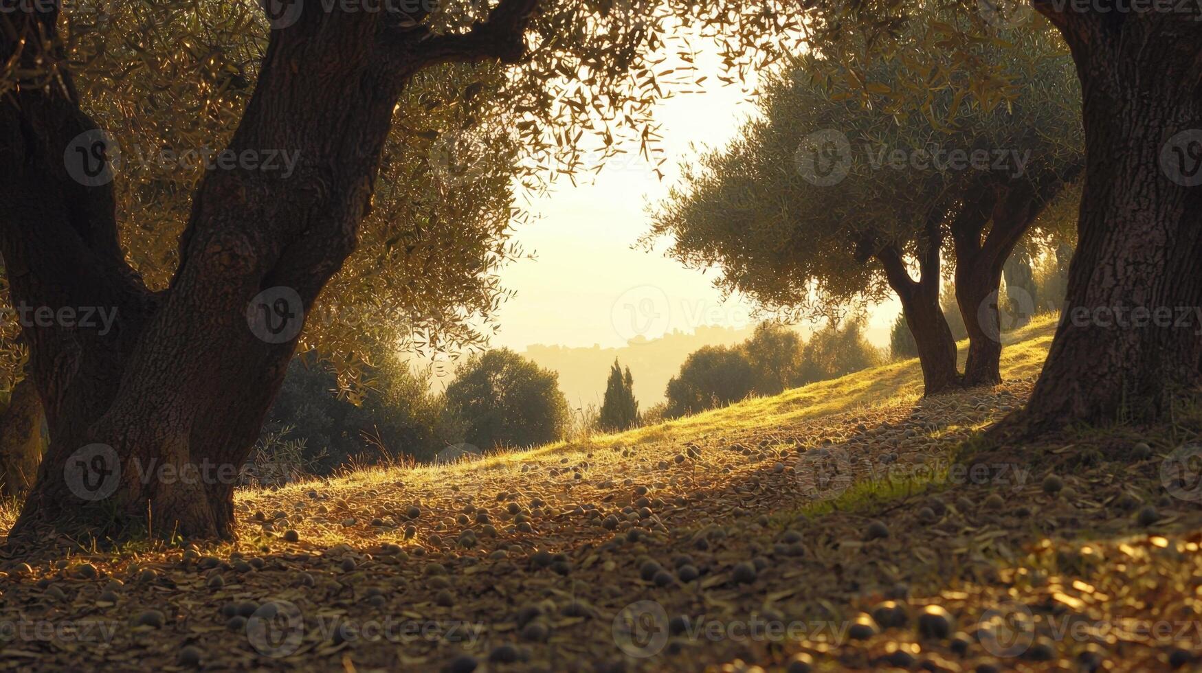 A path through a field with trees and grass photo