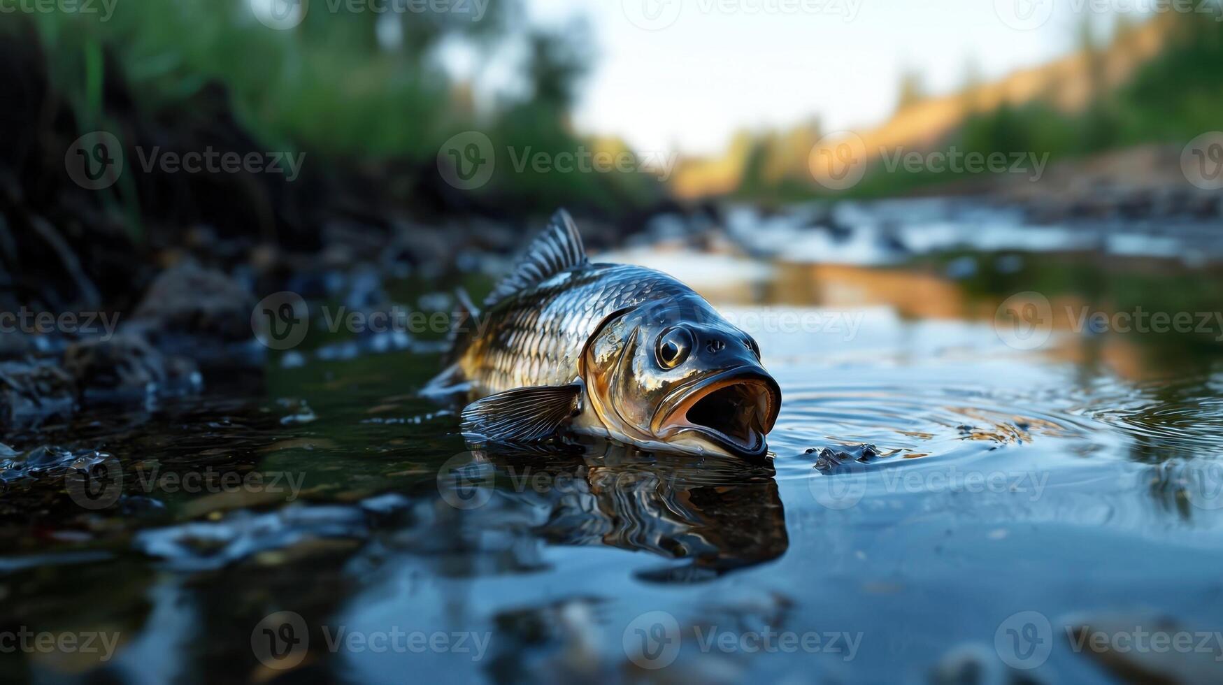 A fish is swimming in a river photo