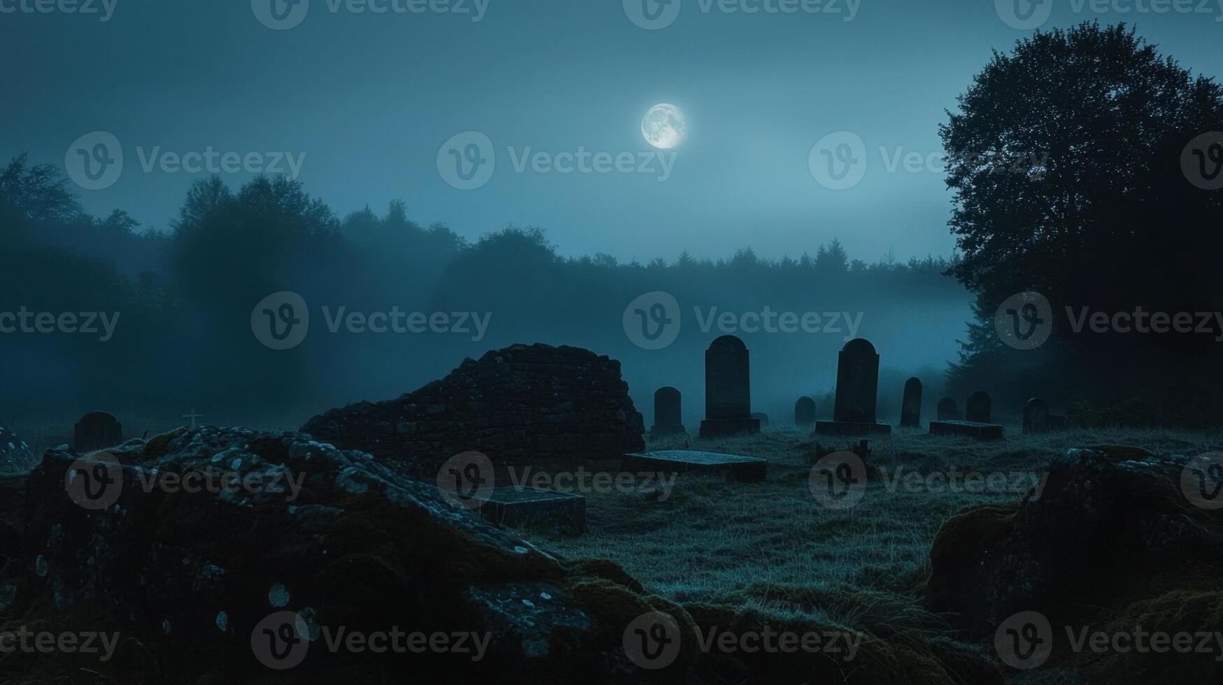 A graveyard with tombstones and trees at night photo