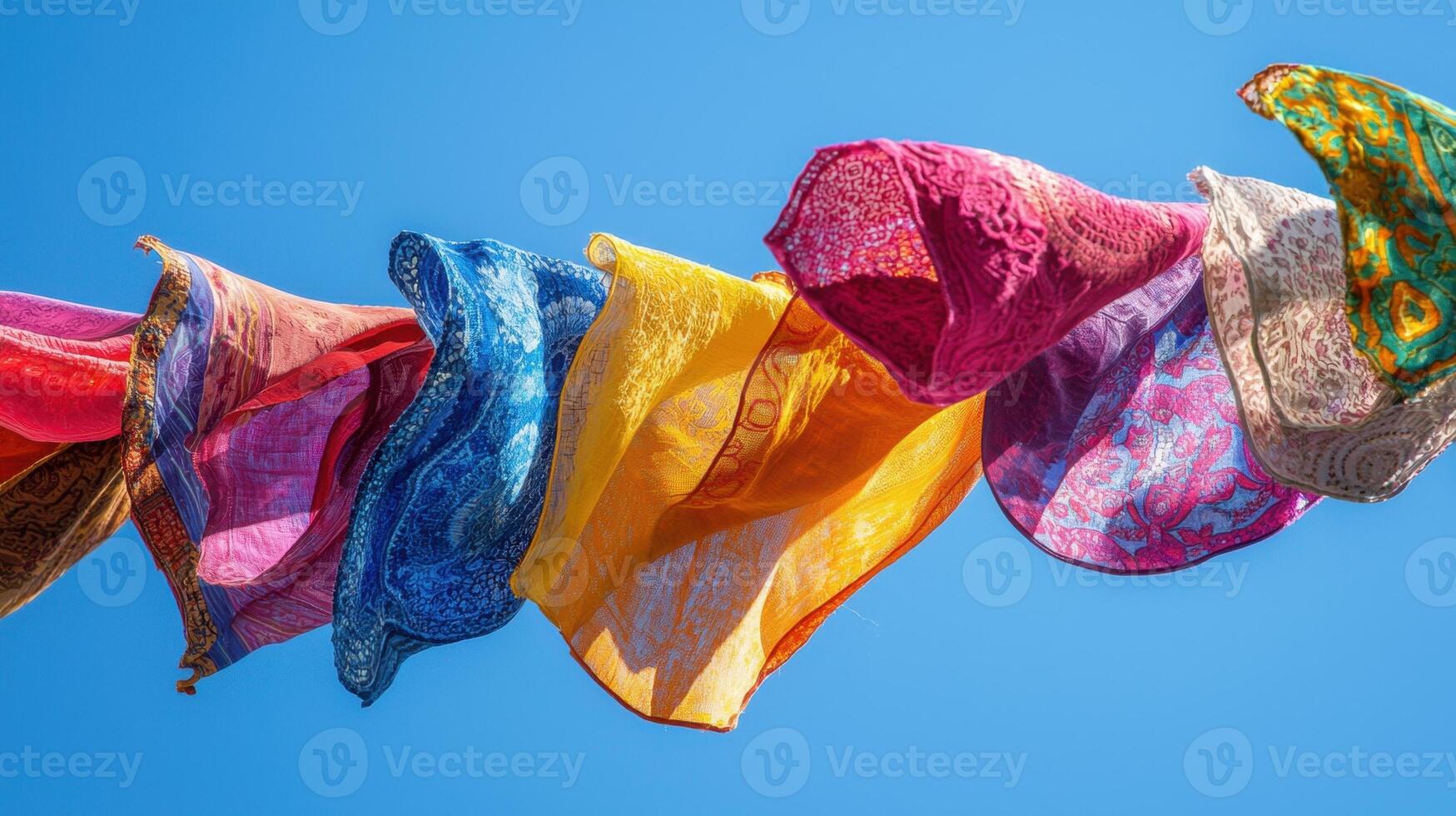 Brightly colored scarves are hanging in the air, gently swaying with the wind against a brilliant blue sky during a lively festival. The atmosphere is joyful and full of energy photo