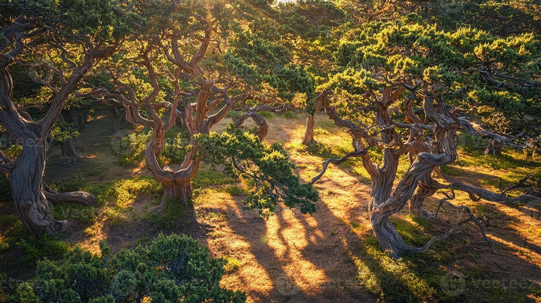 Golden sunlight streams through the gnarled branches of trees in a serene forest. Shadows stretch on the ground, creating a peaceful atmosphere at dusk photo