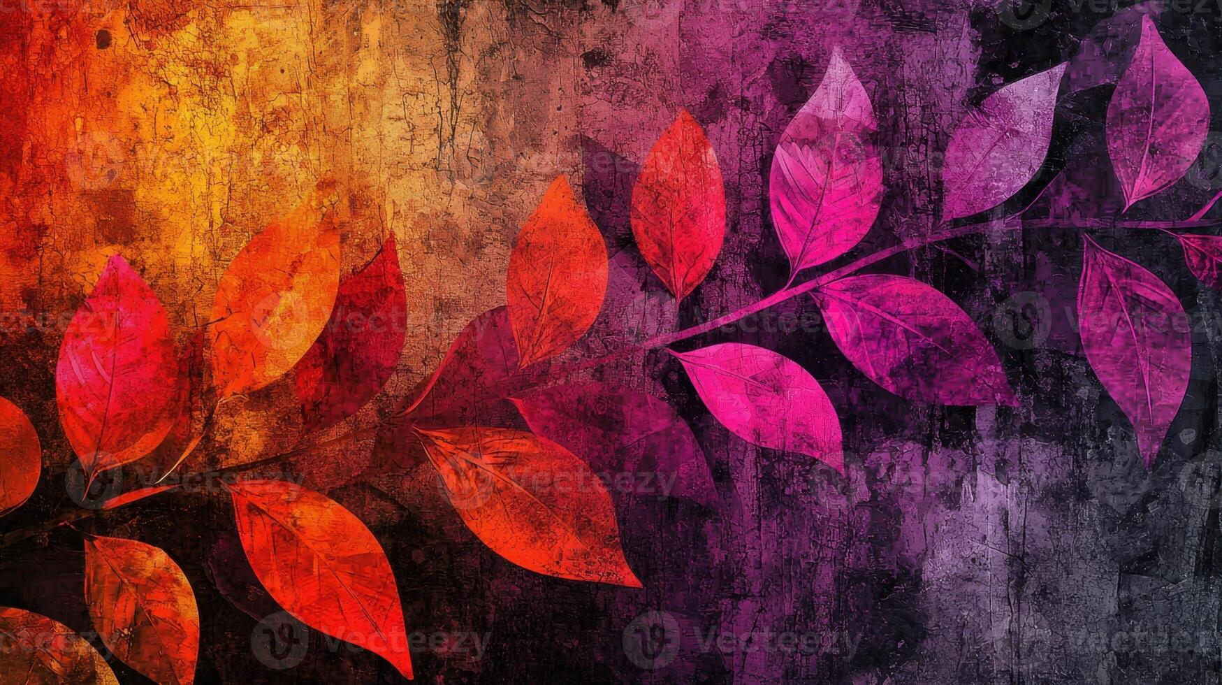 Bright and colorful leaves in shades of red, pink, and purple are arranged against a textured background. This artwork captures the essence of nature in an abstract form photo