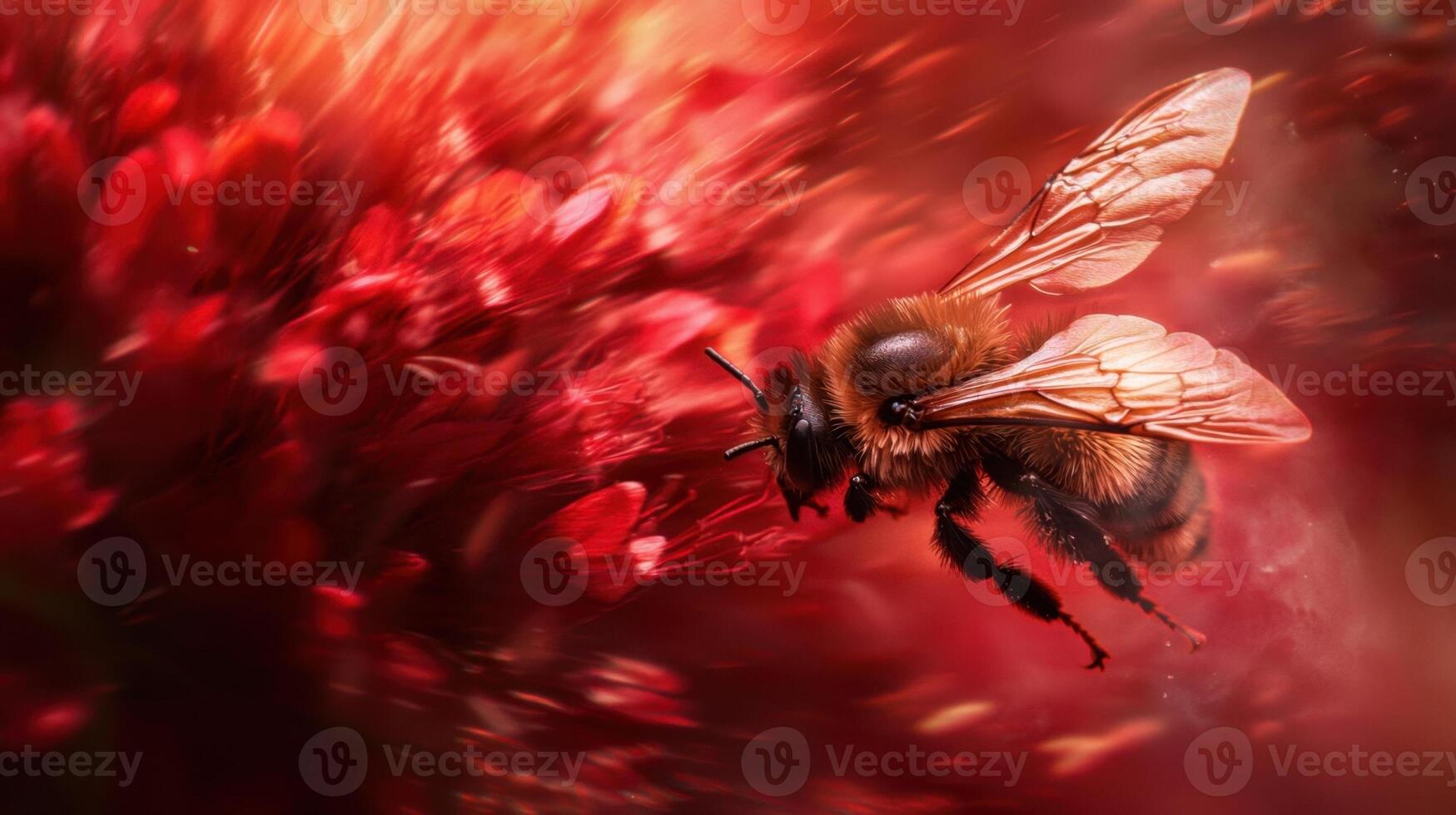 A busy bee is captured in mid-air as it moves towards bright red flowers in a garden. The sunlight enhances the vibrant colors, creating a lively atmosphere filled with nature's beauty photo