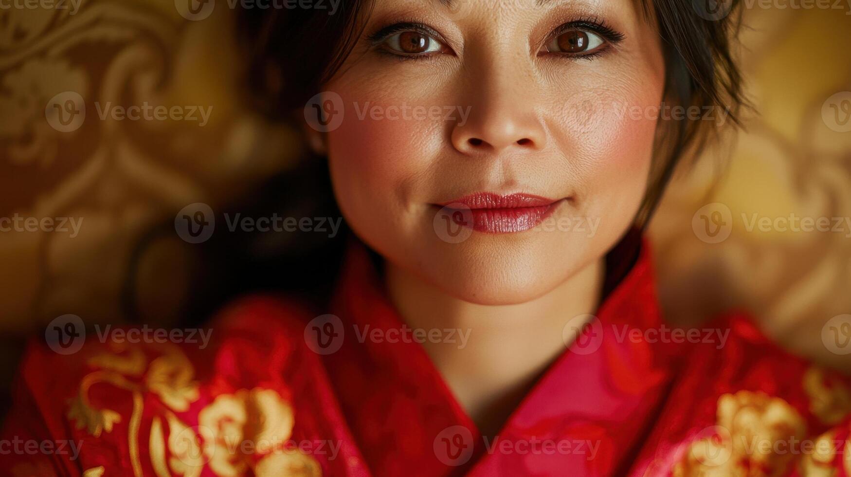 A woman wearing a vibrant red traditional outfit lies gracefully against an ornate backdrop, showcasing intricate patterns. Her expression conveys calm confidence photo