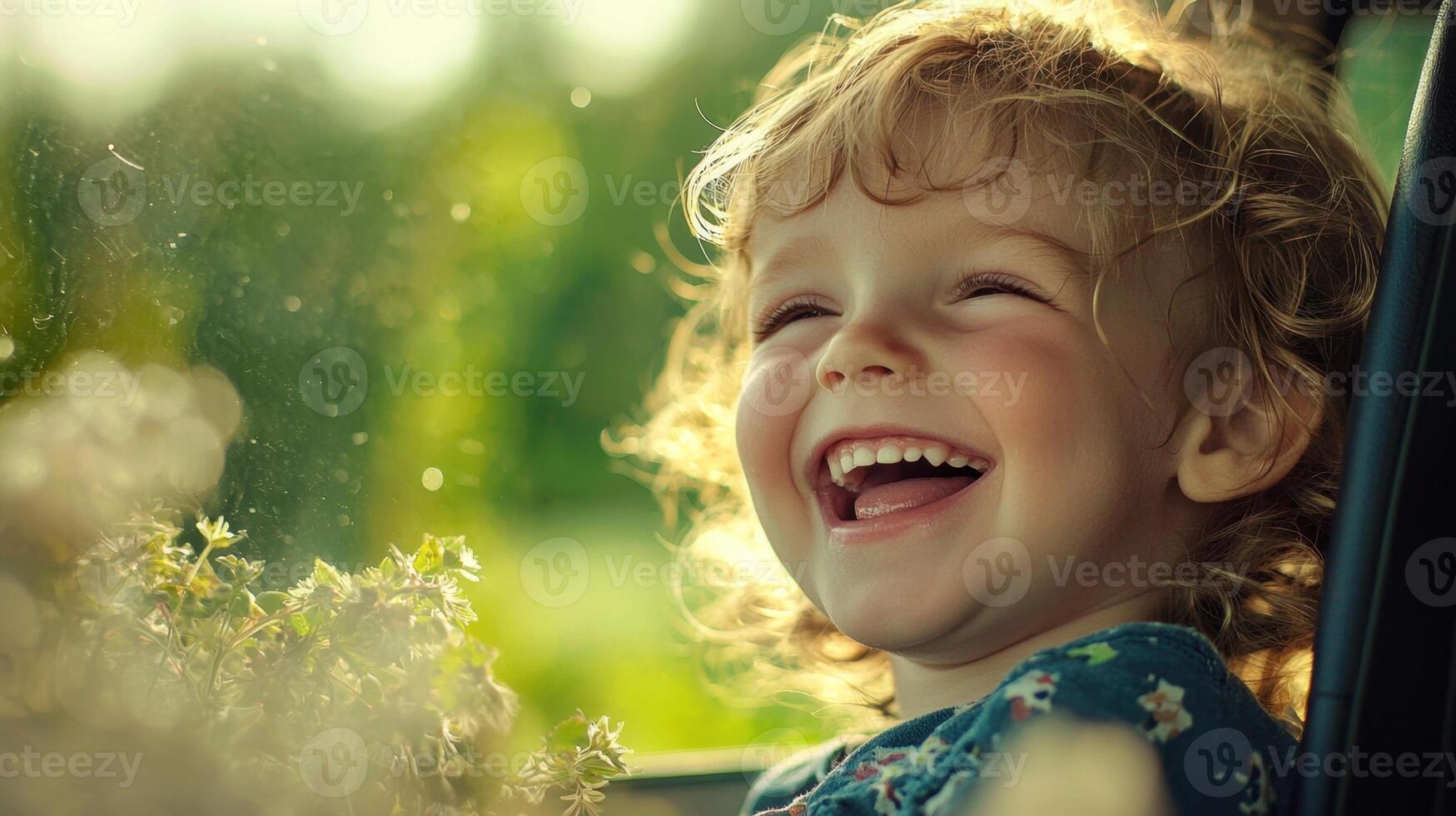 A young child with curly hair beams with joy while sitting in a car, surrounded by greenery. Sunlight highlights the happiness on the child's face, creating a warm atmosphere photo