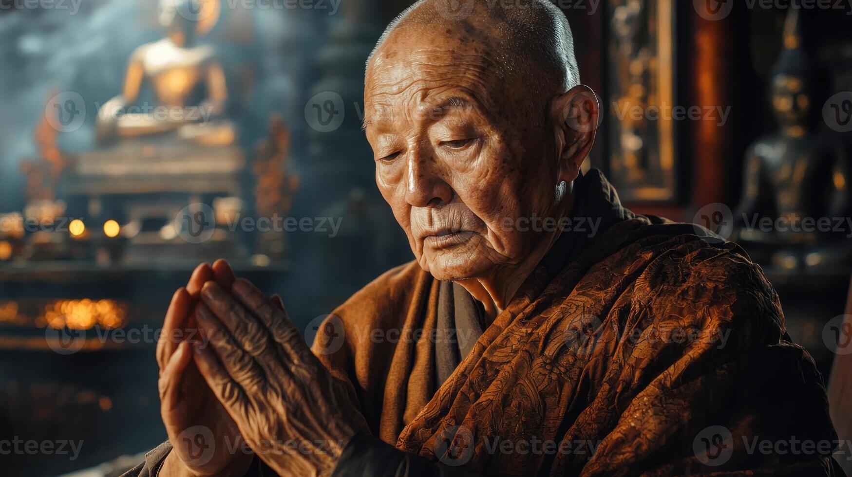 An elderly monk with closed eyes and hands clasped in prayer sits in a tranquil temple filled with spiritual artifacts. Soft morning light illuminates the surroundings photo