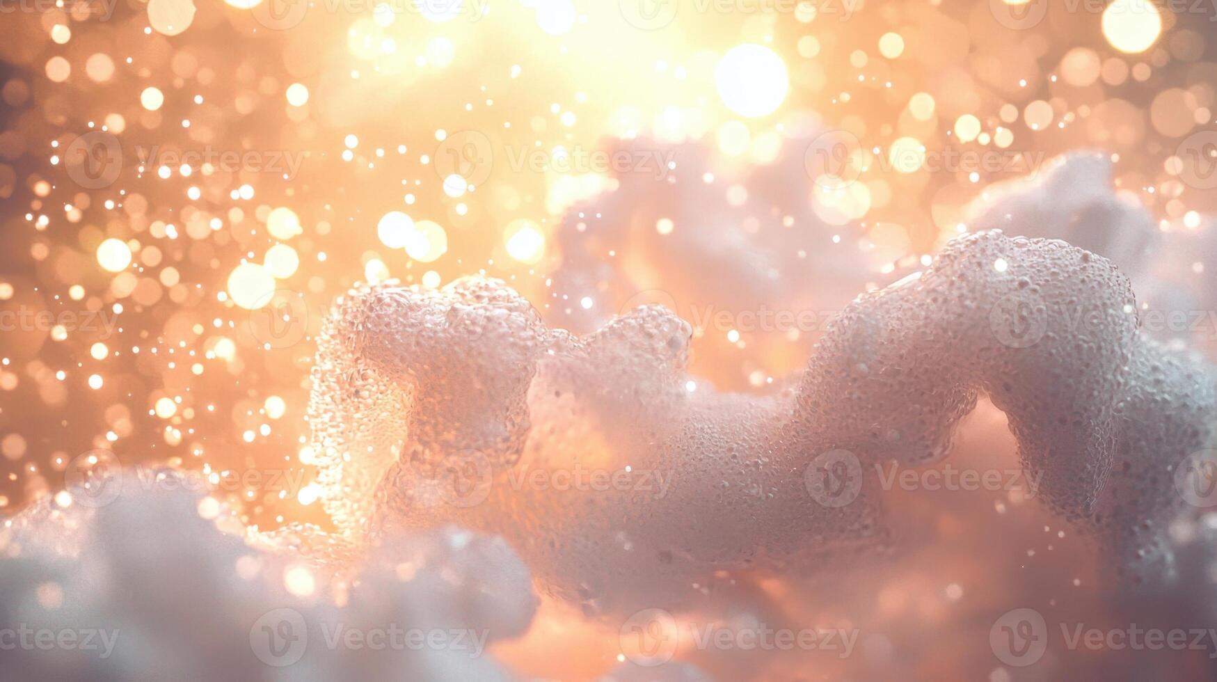 Bubbles and foam swirl together while sparkling particles reflect soft light, creating a magical and serene atmosphere reminiscent of a dreamlike world photo