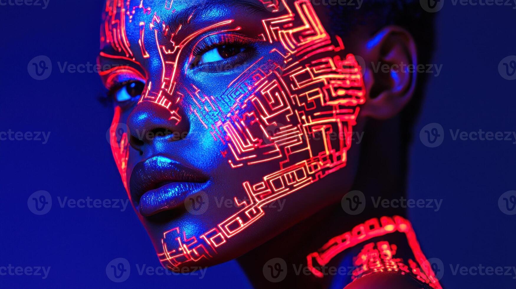 A model showcases intricate neon circuit patterns on her skin, illuminated under blue light. The artistic design highlights contemporary fashion and technology themes photo