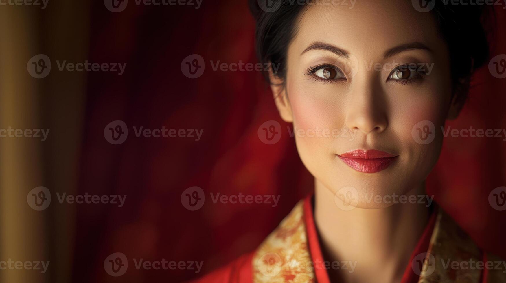 A woman dressed in traditional attire displays an enchanting expression, located indoors with rich, warm tones in the background that enhance her features beautifully photo