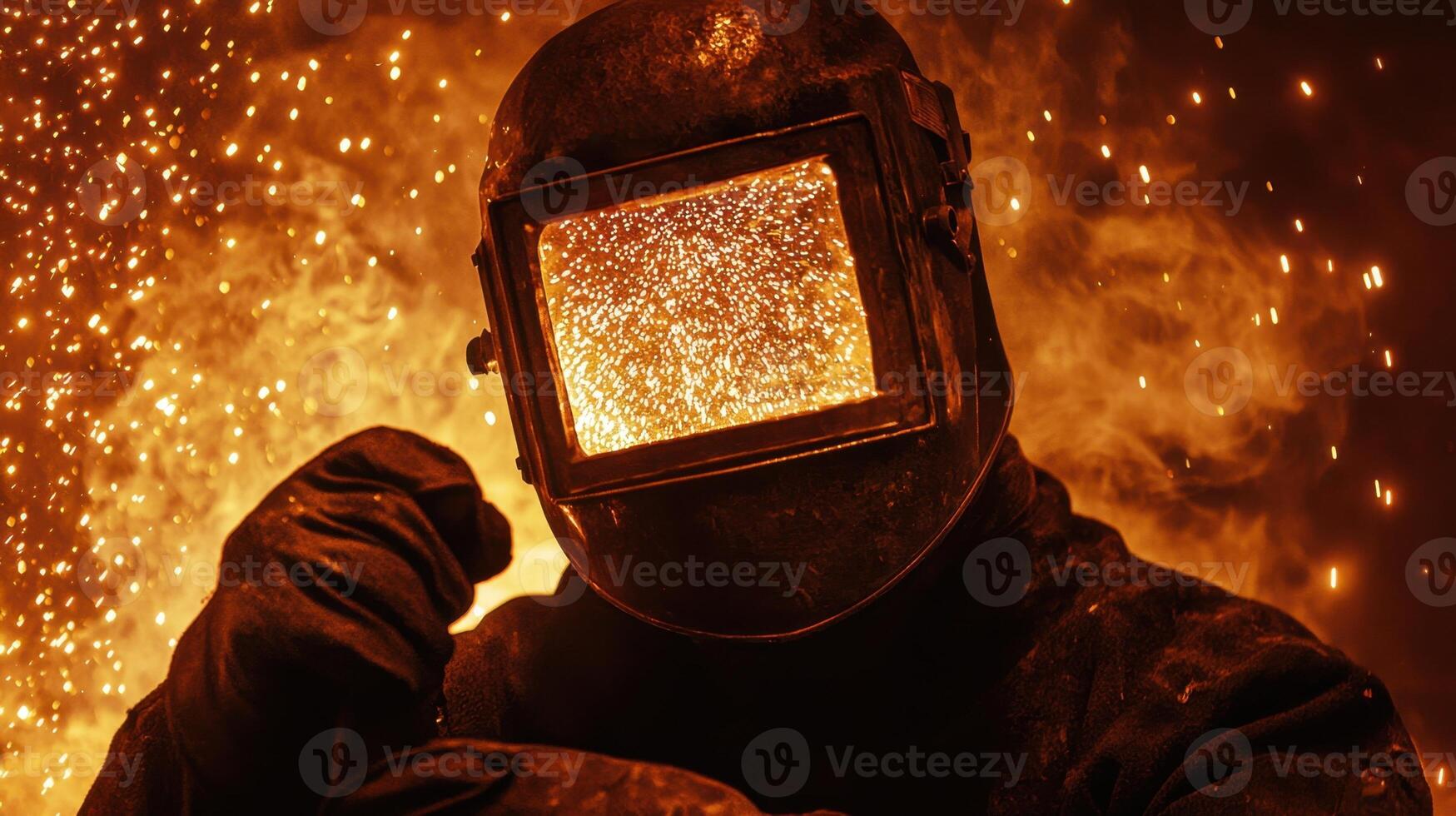 A skilled welder focuses intently on his work, surrounded by bright sparks and fiery hues photo