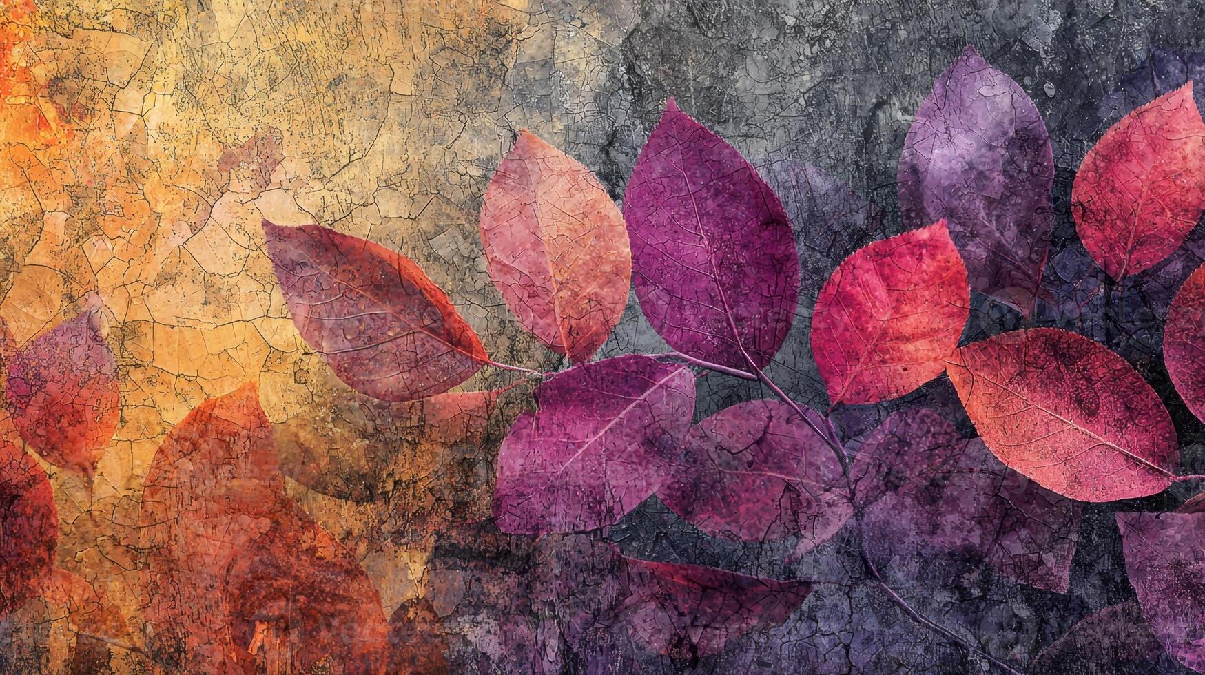 Bright autumn leaves in vibrant shades of red, purple, and orange contrast against a textured background. The colors evoke a sense of change and seasonal beauty photo