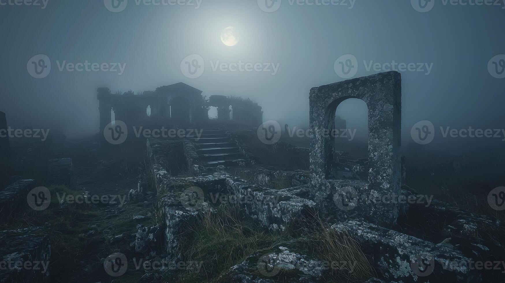 The moon is shining through the foggy sky photo
