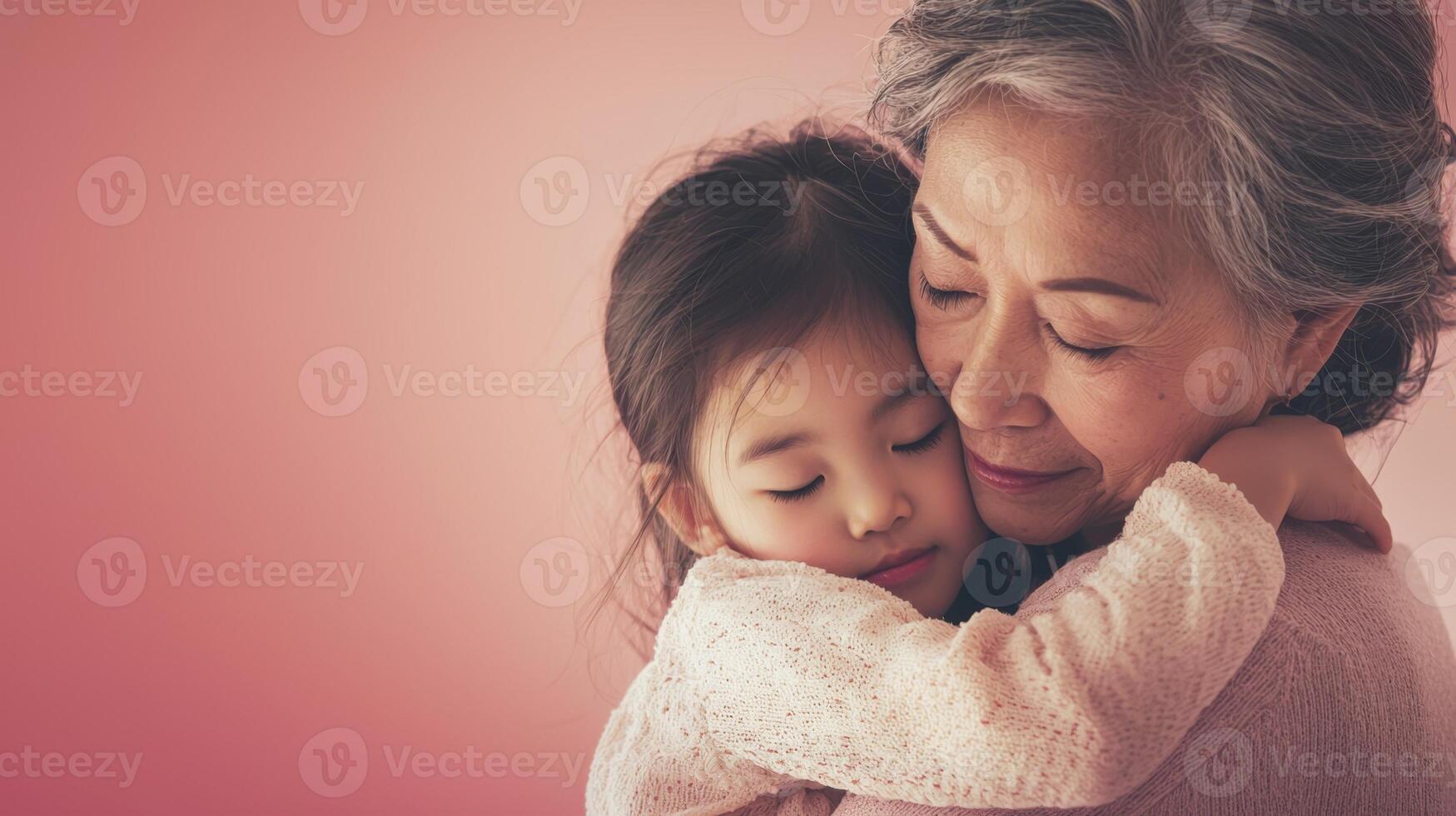 In a heartfelt moment, a grandmother is gently holding her granddaughter, both smiling softly. The cozy atmosphere is enhanced by the warm pink background, showcasing their bond photo