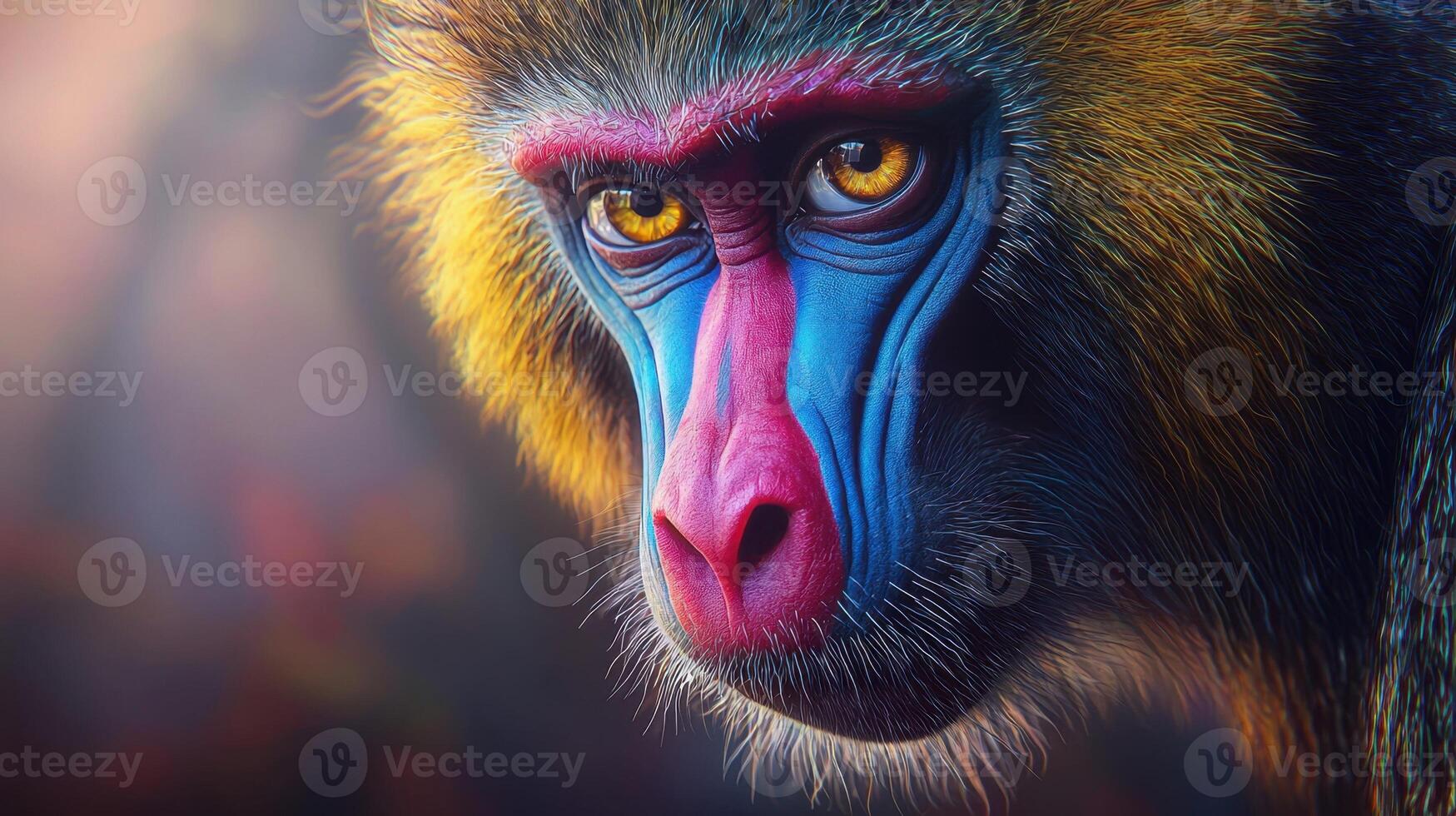 A close up of a colorful monkey with a blue face photo