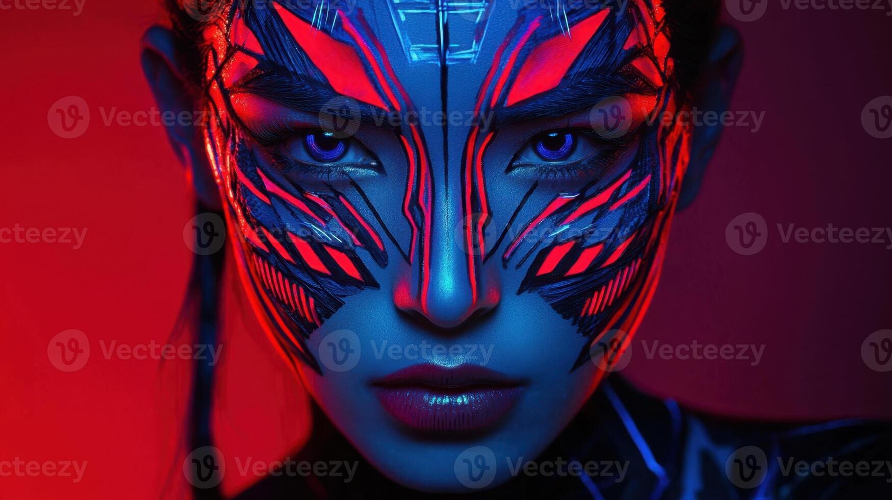 A model showcases an elaborate face paint design featuring vivid blue and red colors with intricate patterns. The lighting enhances the striking visual impact, creating a captivating atmosphere photo