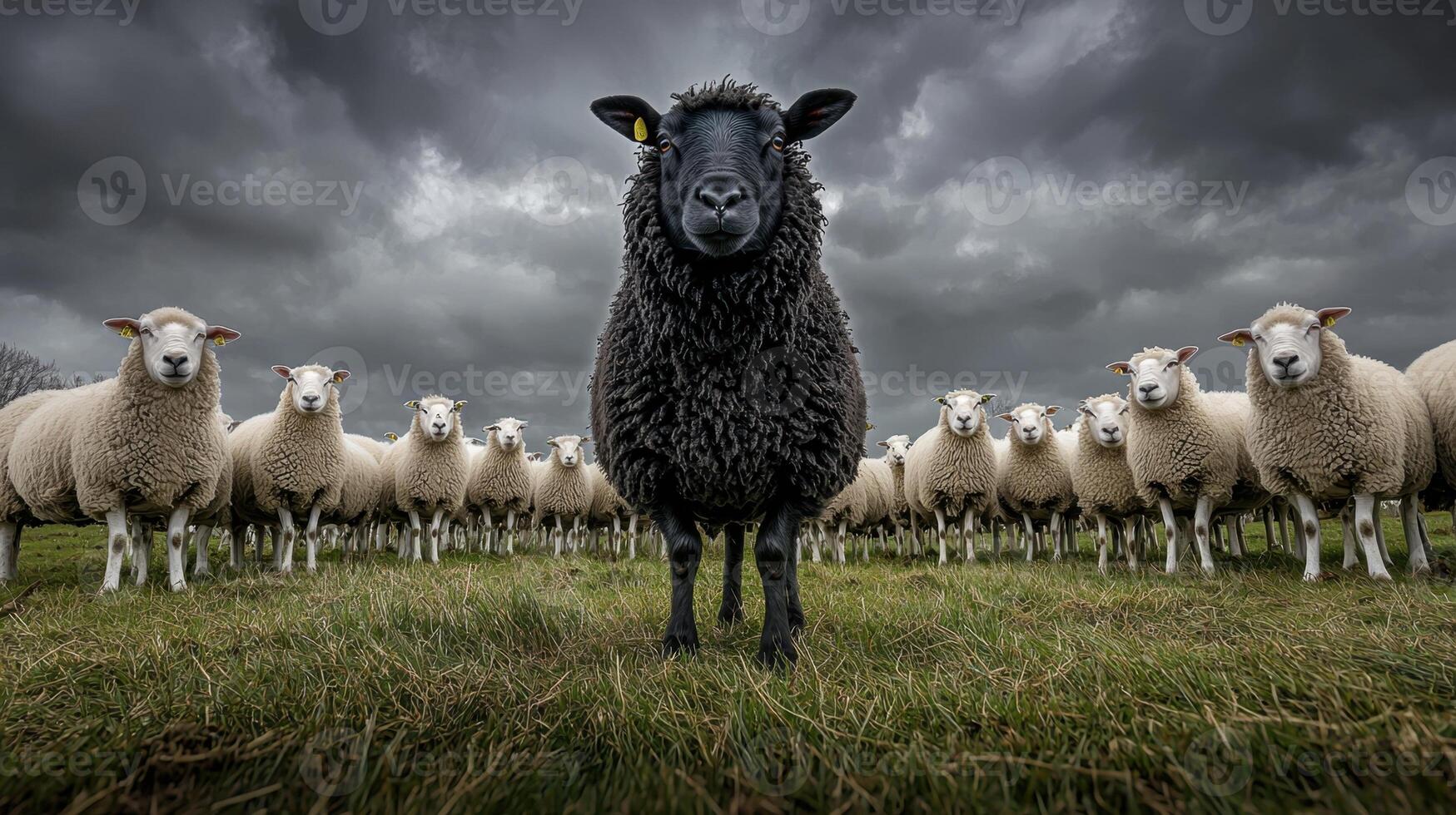A black sheep standing in a field of white sheep photo