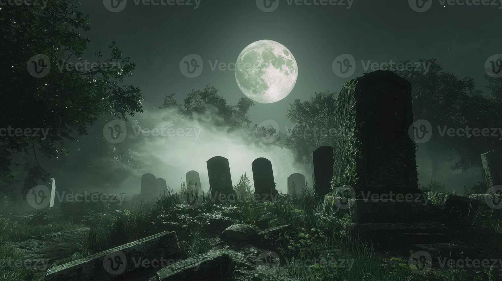 A graveyard shrouded in mist presents an eerie atmosphere, illuminated by the bright full moon, with tombstones partially covered in moss surrounded by trees photo