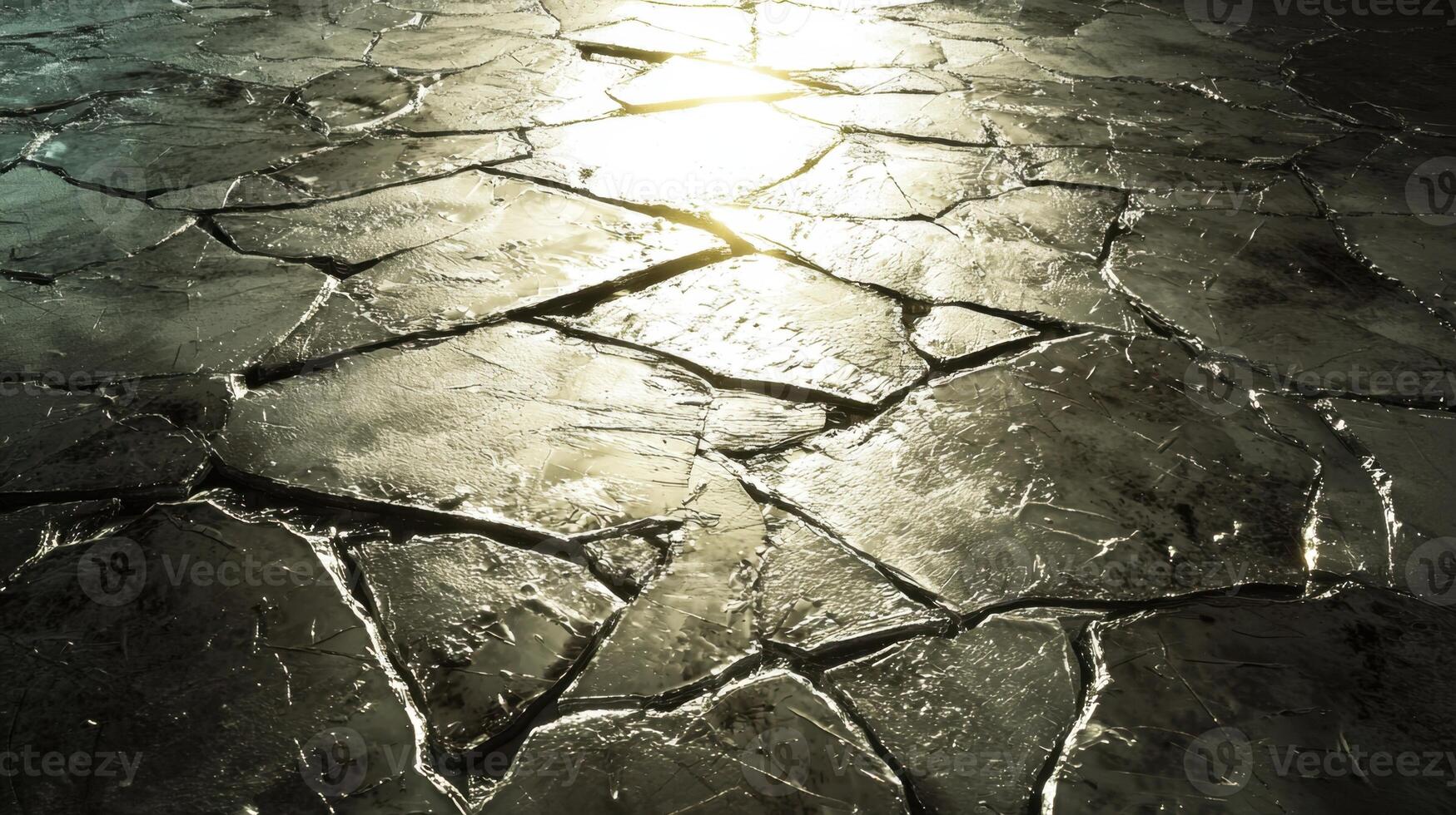 A textured landscape featuring a cracking surface that reflects warm sunlight, creating a contrast between light and shadow during the early morning hours in a dry region photo