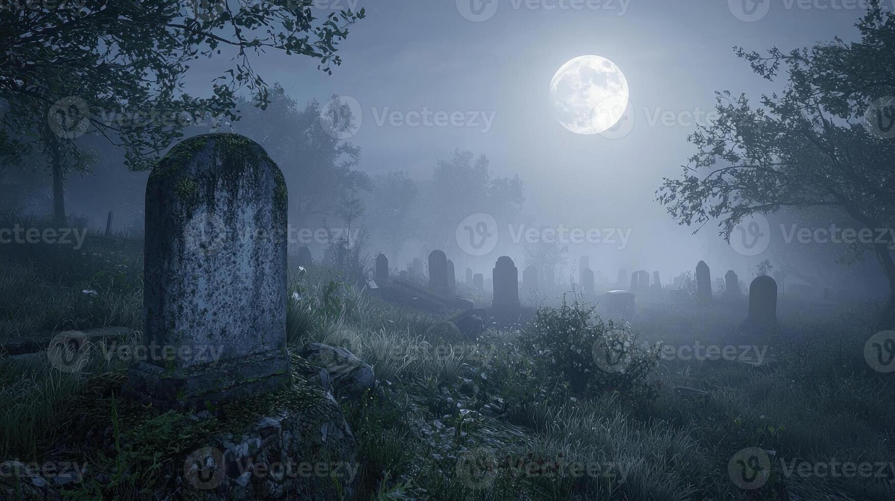 Under a bright full moon, a foggy cemetery reveals weathered gravestones surrounded by tall grass and trees, creating an eerie yet tranquil atmosphere at night photo