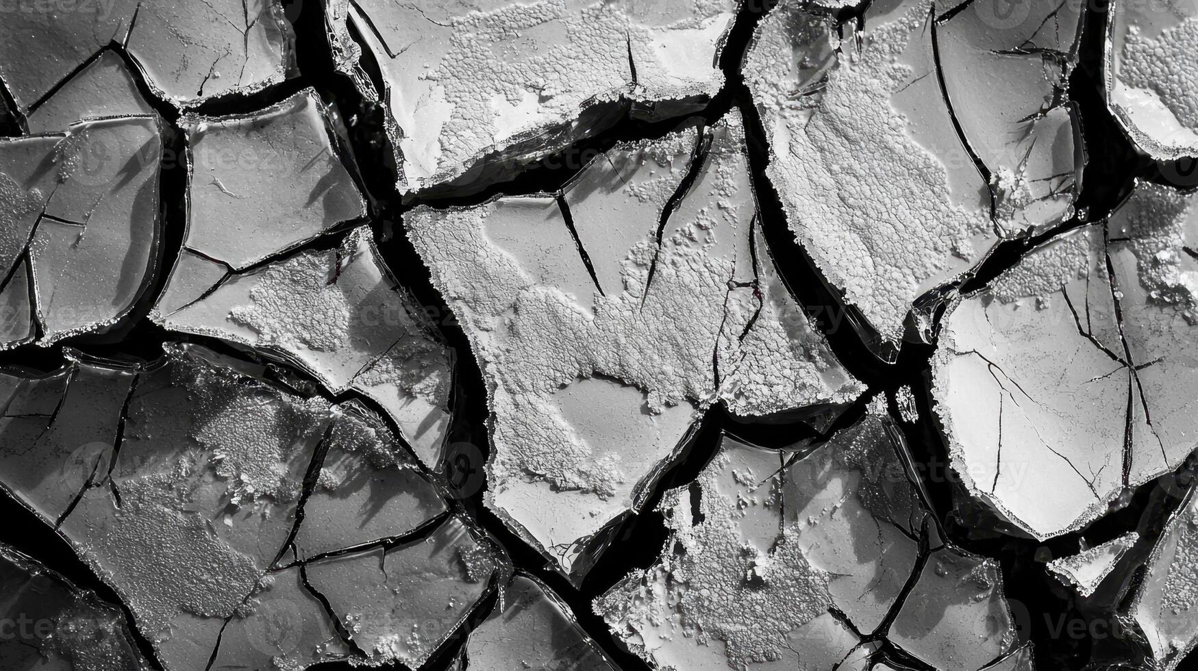 Black and white photograph of cracked and cracked tree bark photo