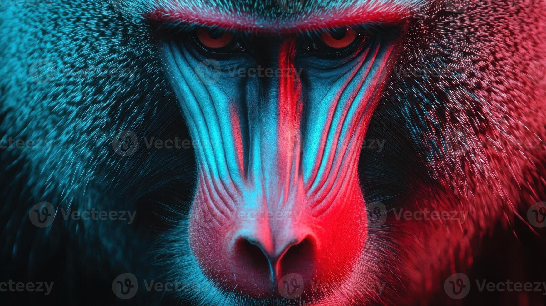 A close up of a monkey's face with red and blue lights photo
