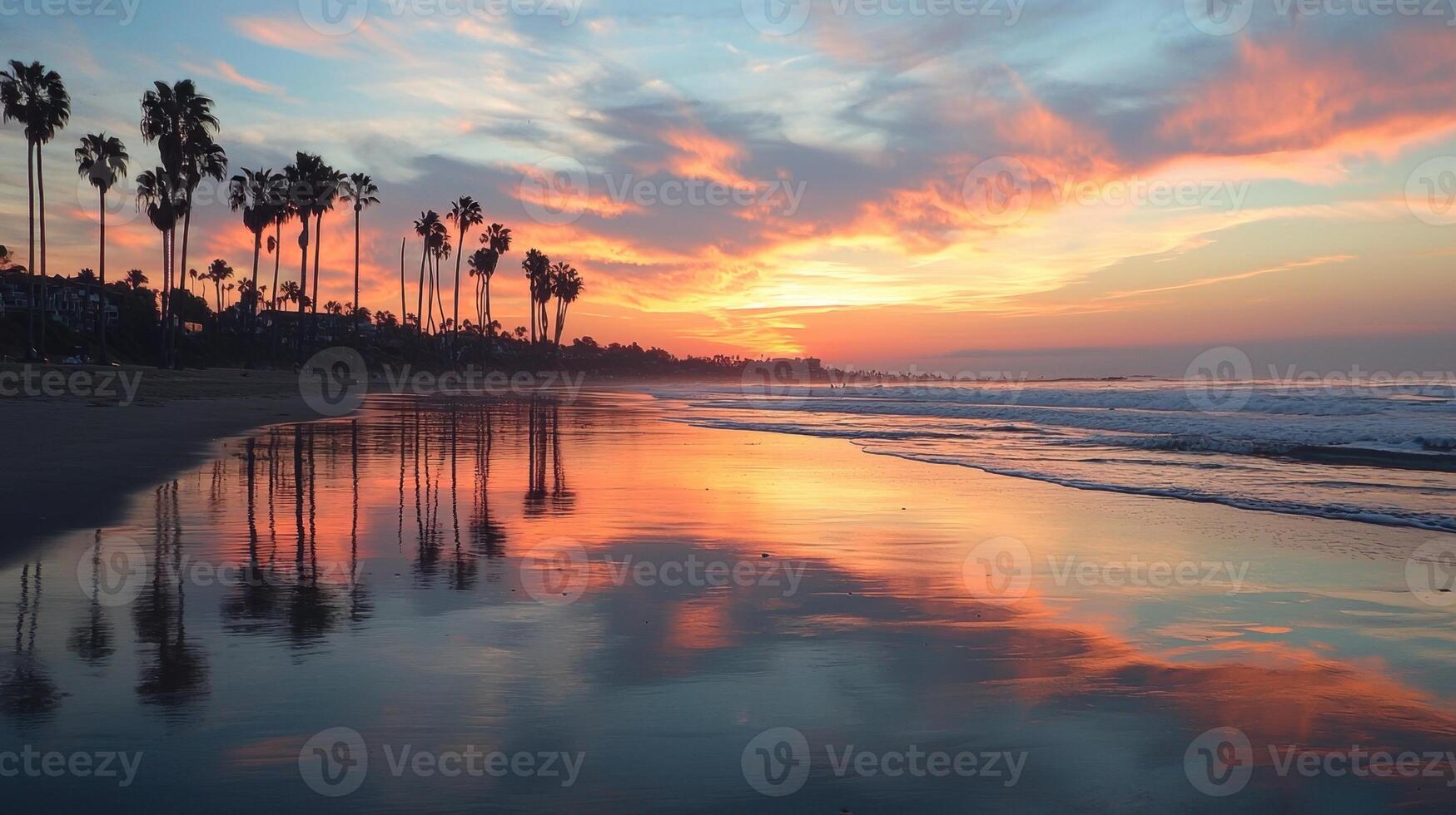 Palm trees are reflected in the water at sunset photo
