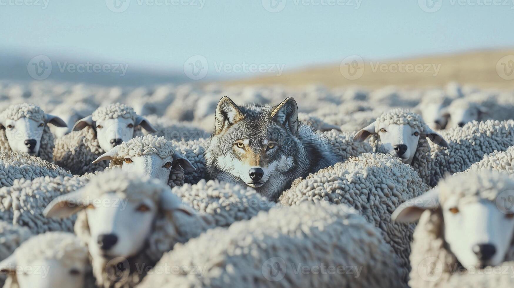 A wolf is surrounded by sheep photo