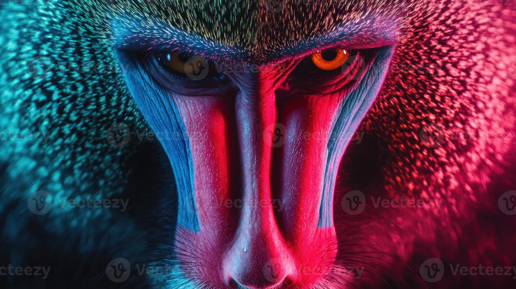 A close up of a monkey's face with a red and blue background photo