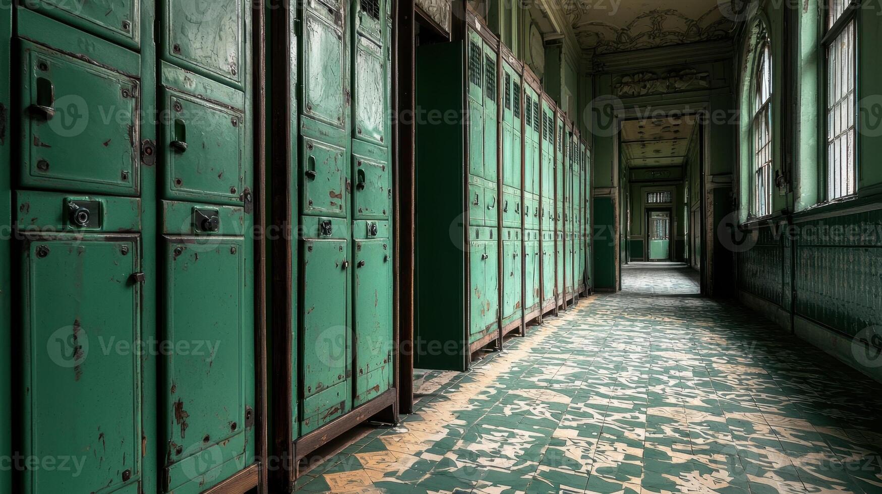 A long hallway with green lockers and ornate tile flooring photo