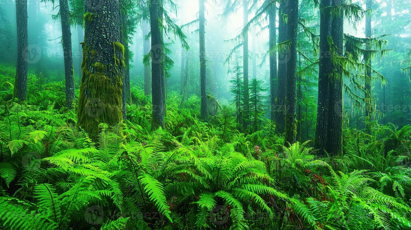 Ferns and trees in a forest with fog photo
