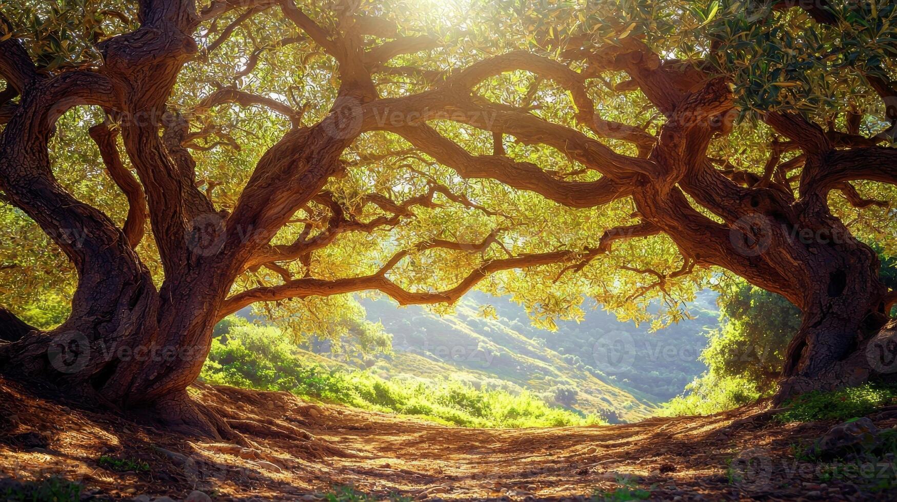 The sun shines through the branches of an old tree photo