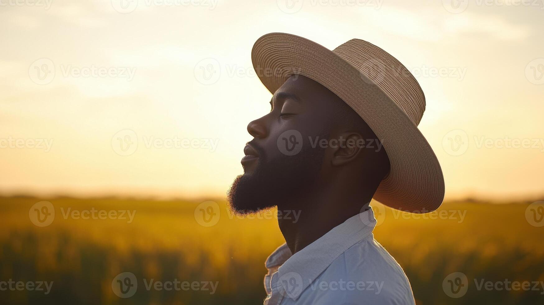 A man in a hat is looking up at the sun photo