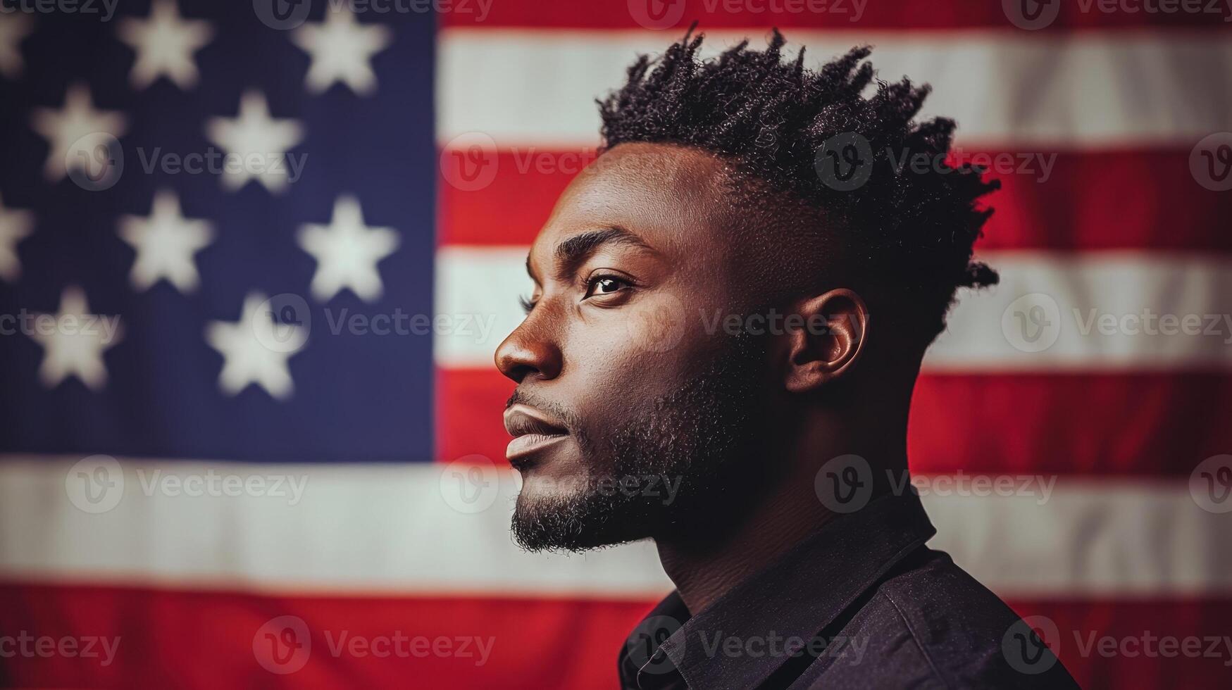 A man with dreadlocks in front of an american flag photo