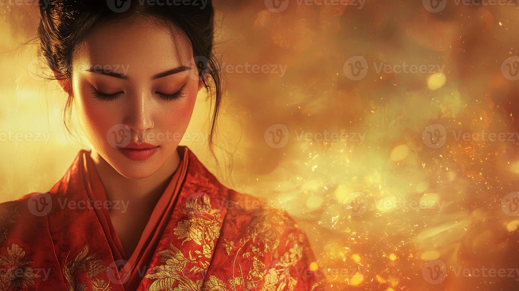 A beautiful woman in an oriental dress with her eyes closed photo