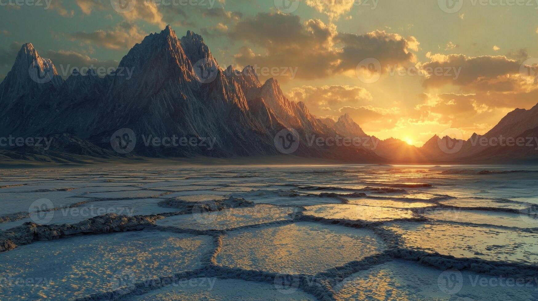 A desert landscape with mountains and sun photo