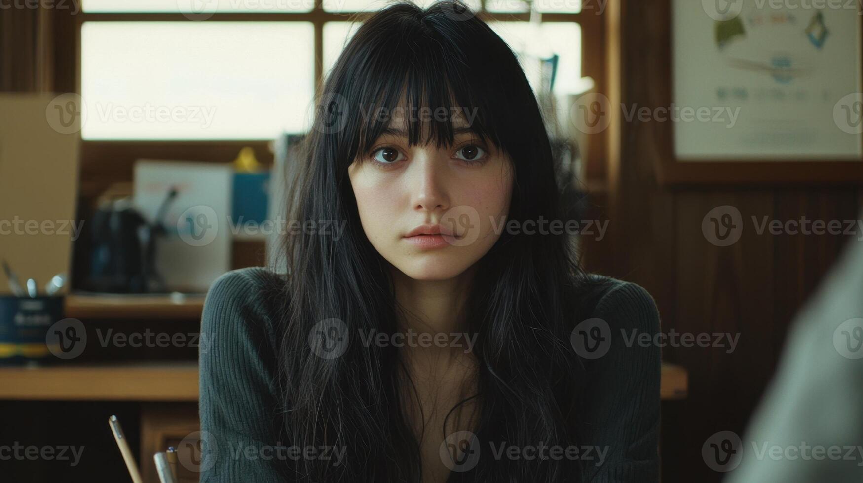 A woman with long black hair sitting at a desk photo