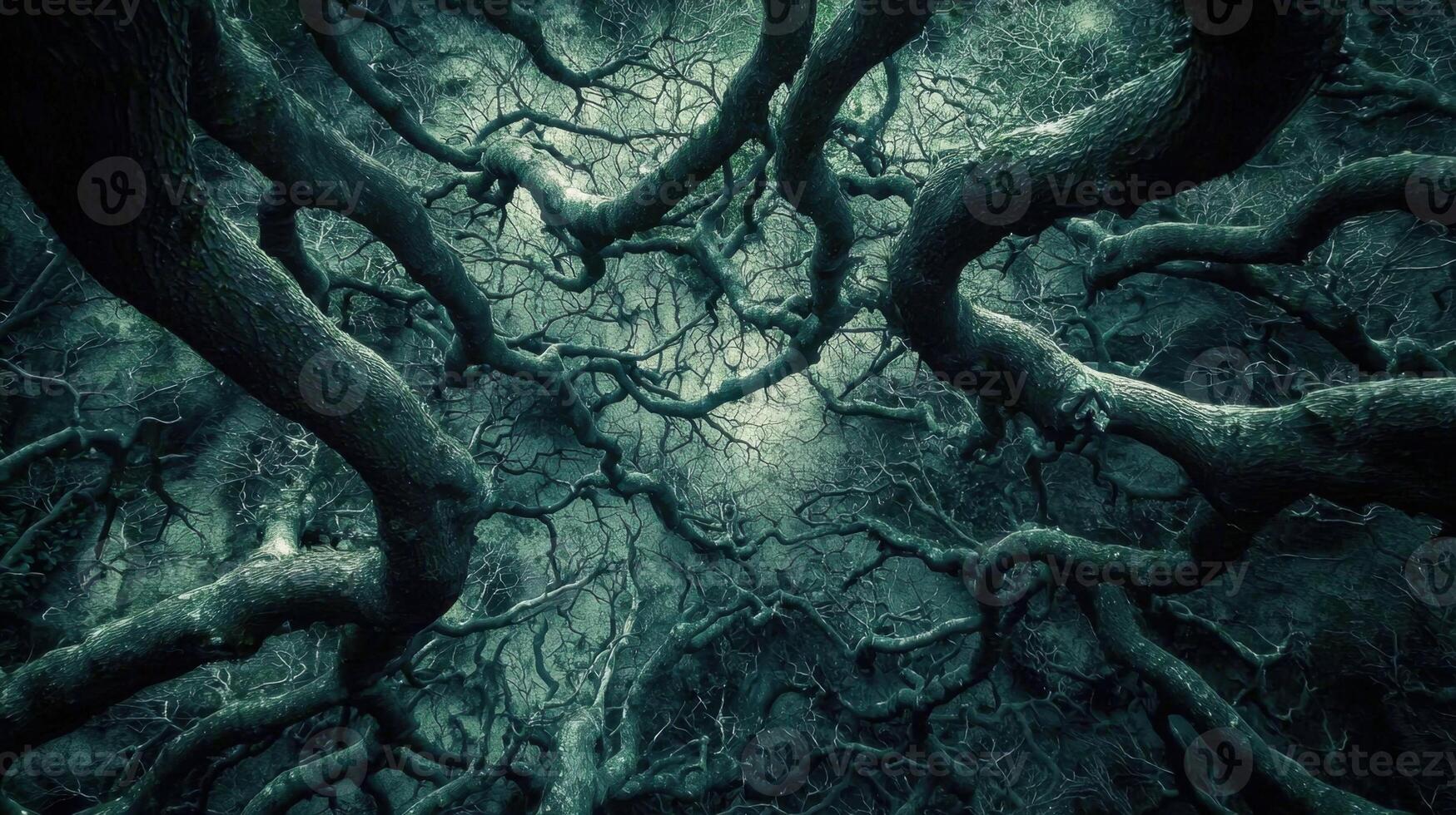 Gnarled branches intertwine overhead, forming a tangled pattern against a dimly lit sky. The atmosphere evokes a sense of mystery and enchantment in the forest photo