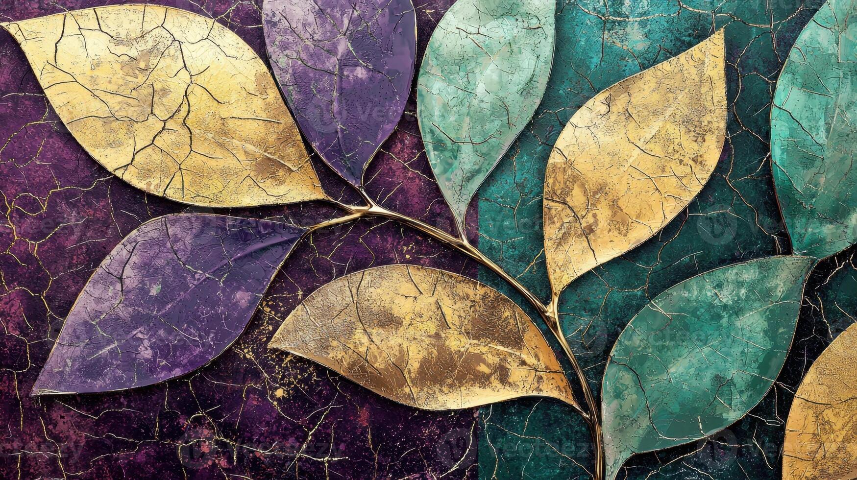 Vibrant leaves in shades of purple, gold, and teal are intricately arranged, providing a striking decorative element in a contemporary indoor space photo