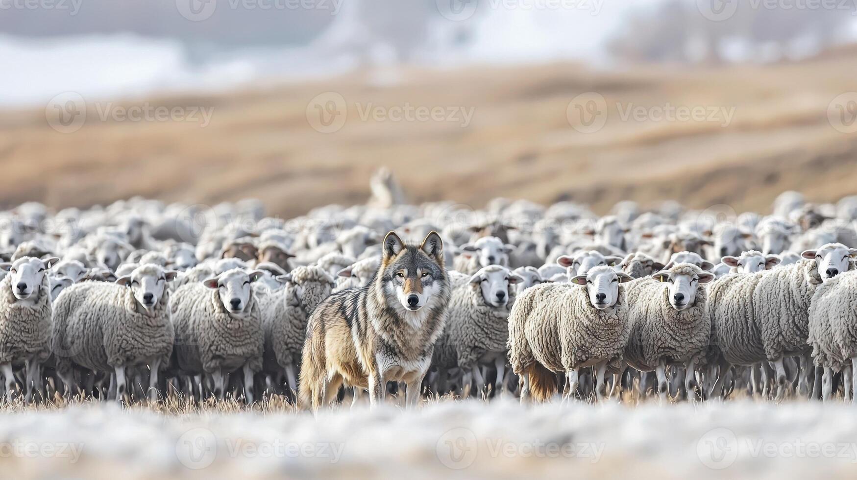 Wolf and sheep in the snow photo