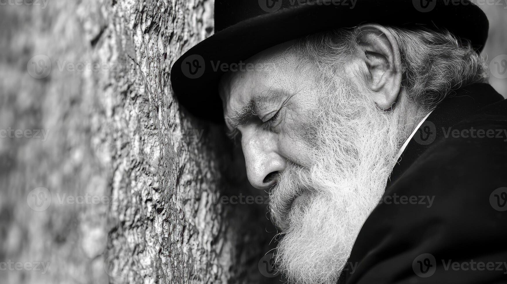 An old man with a beard leaning against a wall photo